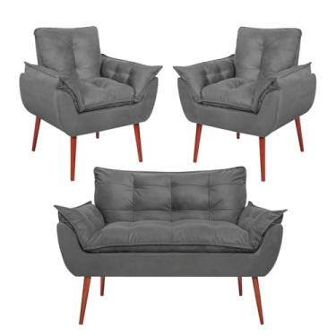 Imagem de Conjunto Sofá Namoradeira 2 Lugares + 2 Poltronas Opala VIT DECOR - Estofado Suede Confortável Pés Palito - Decoração Ambiente Completo - Bege/Cinza/Rose (Cinza Escuro)