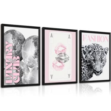 Imagem de Arte de parede moderna leopardo rosa guepardo tela preta branca decoração de parede moda pôsteres estéticos bola de discoteca imagem de luxo estampas de clube pintura elegante para dormitório feminino