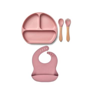 Imagem de Kit Refeição Infantil 4 Peças Prato Silicone com Divisórias e Ventosas, Bowl, Colher e Babador Pega Migalhas Sem BPA(Rosa)