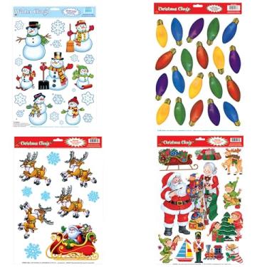 Imagem de Beistle Pacote de adesivos de janela de Natal – Oficina do Papai Noel, lâmpada colorida, soldado quebra-nozes e trenó com desenhos de rena, adesivos de decoração de férias para portas de vidro
