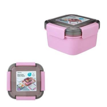 Imagem de Pote Marmita com 2 Níveis, Saladeira Plástica PP Rosa, 1,1 Litros com Talher, Divisória Funcional para Alimentos, 10,5 x 10,5 x 8 cm