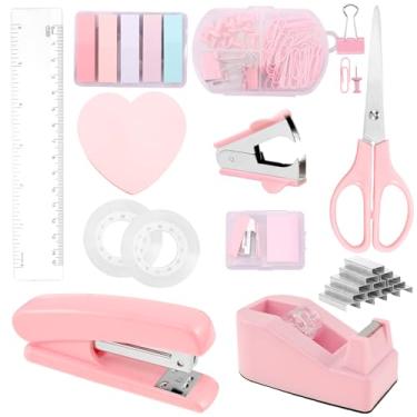 Imagem de Conjunto de material de escritório, acessórios de mesa grampeador e dispensador de fita para mulheres, suprimentos de mesa versáteis para estudantes, funcionários de escritório (rosa)