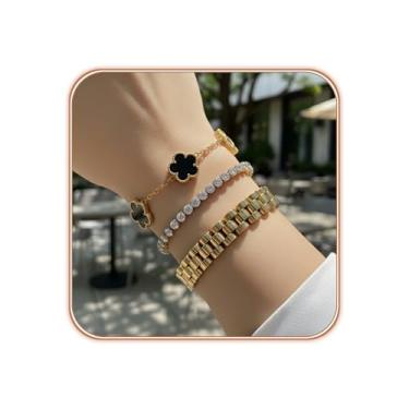 Imagem de JAWOMATY Conjunto de 3 pulseiras de ouro empilháveis para mulheres, trevo banhado a ouro 18K, zircônia cúbica, conjunto de pulseiras de relógio de tênis, joias de ouro modernas não manchadas para
