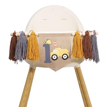 Imagem de Banner Construction One High Chair - Decorações de 1º aniversário de escavadeira, guirlanda de primeira cadeira alta de caminhão basculante, suporte para foto de escavadeira, decoração de festa de