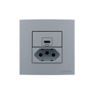 Imagem de Placa Para Móveis 80x80 Com Tomada Usb-c 2a 10w E Tomada 2p+t 20a Margirius Sleek Cinza Cinza