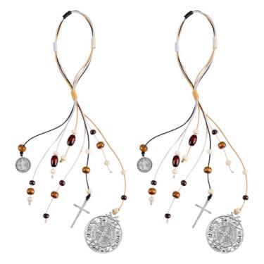 Imagem de FINGERINSPIRE 2 peças cabide católico para porta de 30,5 cm com medalha de São Bento, contas de madeira, rosário de poliéster, cruz de liga durável para decoração de casa de carro, decoração de parede