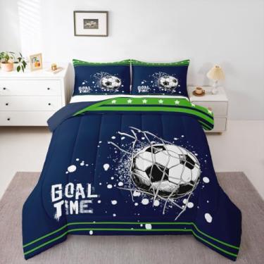 Imagem de Erosebridal Jogo de cama solteiro, futebol americano, cidade, decoração de quarto de crianças, adolescentes, homens, decoração de quarto, edredom geométrico, estrelas, listrado, azul escuro e verde
