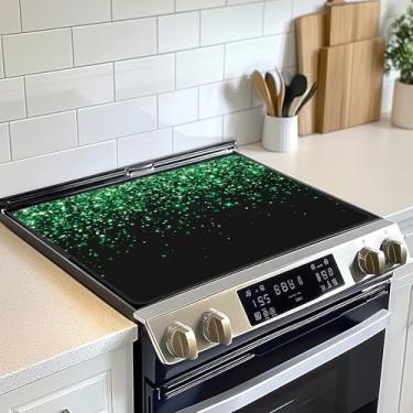 Imagem de Tampa superior de fogão com glitter verde para elétrico, capa de fogão de cerâmica de vidro, protetor de fogão plano resistente ao calor, tapetes de secagem de pratos para cozinha