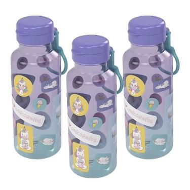 Imagem de Garrafinha De Água Infantil Com Cartela de Adesivos Personagens Squeeze Garrafa Abre Fácil 600ml (Unicórnio | Kit 3)
