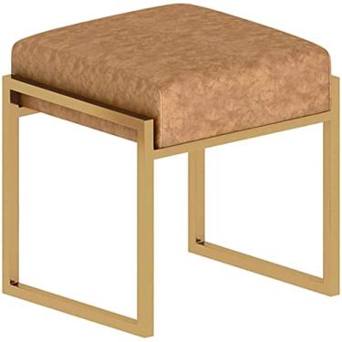 Imagem de ZJYWMM Banqueta estofada para pés, banco de sofá de couro banhado a ouro aço inoxidável banco de sapato banco de vaidade boa resiliência armazenamento apoio para os pés