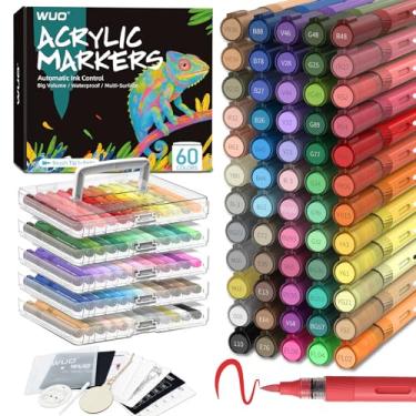 Imagem de WUO Marcadores de tinta acrílica de 60 cores (2 metálicos), ponta de pincel de controle automático de tinta para várias superfícies, marcadores à base de água, sem sangramento, canetas de tinta