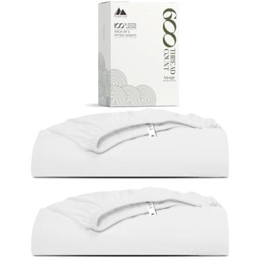Imagem de Mayfair Linen Pacote com 2 lençóis King de algodão egípcio – lençol de baixo de luxo com bolso profundo de 600 fios (branco), extra macio, refrescante, tecido de cetim de qualidade de hotel