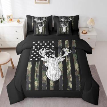 Imagem de Erosebridal Conjunto de edredom King camuflado de veado com 7 peças, camuflagem de caça, bandeira americana, para crianças, meninos, homens, conjunto de cama rústico, verde exército, preto e ocidental