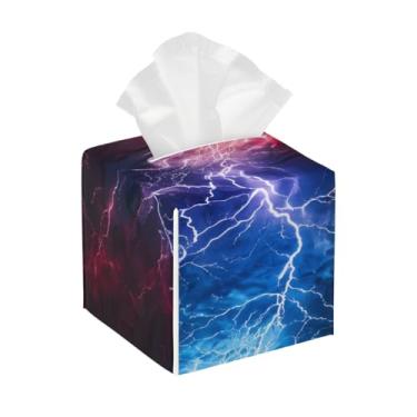 Imagem de Capa quadrada de couro para caixa de lenços à prova d'água, relâmpago, vermelho, azul, organizador de papel facial legal com cinto inferior, estojo de lenços para mesa, banheiro, escritório, mesa