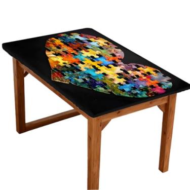 Imagem de hongjinglin Toalha de mesa retangular de 1,8 m elástica ajustada amor autismo colorido toalha de mesa elástica retangular capa de mesa protetora de mesa lavável à prova d'água para piquenique, jantar