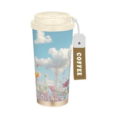 Imagem de SEHANY Caneca de viagem colorida de ervas silvestres de 500 ml Copos de café reutilizáveis revestidos de cerâmica com tampa à prova de vazamento, parede dupla, isolamento a vácuo, copo de café de aço