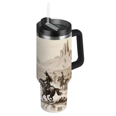 Imagem de ATTX Copo cowboy americano de 1,134 g com alça, copo de aço inoxidável a vácuo de parede dupla com palha, caneca de café de viagem isolada #695