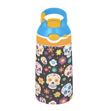 Imagem de ATTX Garrafa de água Sugar Skull Flower 473 ml – Garrafa de água reutilizável Tritan Sports & Travel com canudo e tampa de bico pop-up #15
