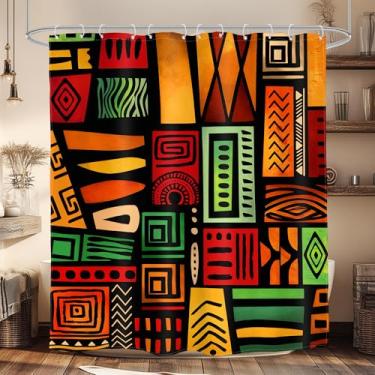 Imagem de Glawry Cortina de chuveiro africana abstrata boho tribal histórico étnico afro-americano geométrico vintage banheiro neutro 152 cm L x 182 cm C acessórios de banho arte decoração de casa tecido pacote