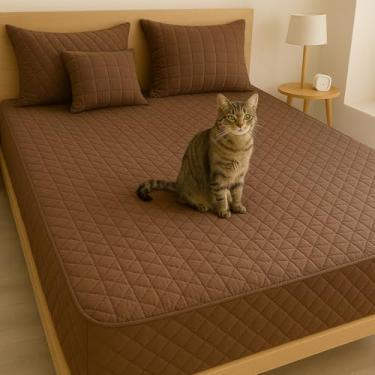 Imagem de Capa Para Colchão Impermeável com Elástico Matelado Pet- Especial para Donos de Pets, com Elástico 360° e Tecido Matelado Resistente(Marrom,King)