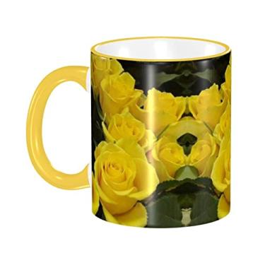 Imagem de Ourdovi Caneca de café expresso de cerâmica Yellow Roses, caneca de cerâmica revestida DIY, para café, sopa, chá, leite, latte, cacau quente, divertido colorido 340 g.