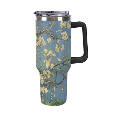 Imagem de Copo de café com flor de amendoeira de 1,134 g, copo Stanley de grande capacidade, aço inoxidável, isolado a vácuo, selado para suporte de copo de carro e ao ar livre à prova de vazamento e poeira