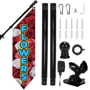 Imagem de Kit de bandeira de flores de fazenda com mastro – 106,7 x 30,5 cm Faixa externa de lona resistente dupla face para suporte de mercado de flores, placa de loja, decoração de barraca comercial (vermelho