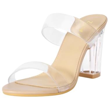 Imagem de ZriEy Sandálias femininas de salto alto com bico aberto, salto médio, duas tiras, sem cadarço, para festas, casamentos, encontros, sapatos de salto alto, Transparente, nude, 40