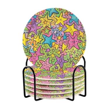 Imagem de Qilmy Conjunto de 6 peças de copos de estrelas coloridas bonitas ou porta-copos de bar para bebidas, porta-copos de fazenda ou porta-copos de mesa rústicos, porta-copos modernos de algodão para o
