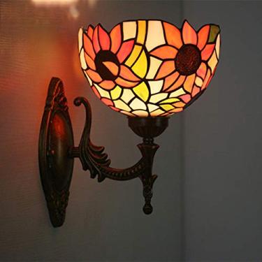 Imagem de Arandela de parede estilo Tiffany com girassol, luminária de parede em vitral com inspiração campestre europeia para sala de estar, quarto, cabeceira e corredor, 20 cm (8 polegadas)