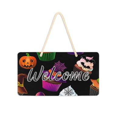 Imagem de Burbuja Placa de boas-vindas de cupcakes de Halloween para porta da frente, placa de boas-vindas de PVC para decoração de férias, 15 x 28 cm