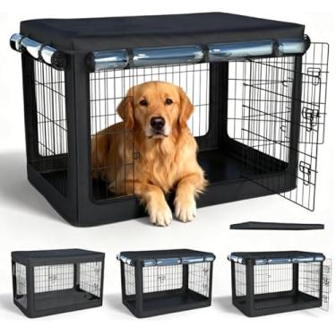 Imagem de GEHENG Capa de caixa de cachorro, serve na maioria das caixas de cachorro de 91 cm, tecido de faca exclusivo (mais durável e resistente) + material transparente EVA, capa impermeável para canil, preta