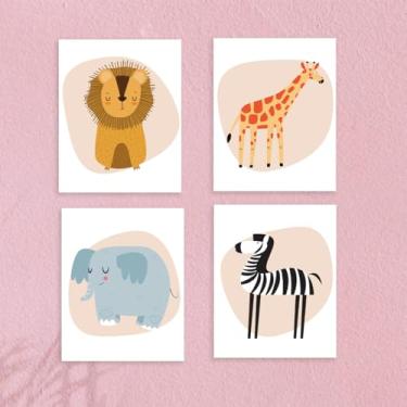 Imagem de 4 peças de decoração de parede de animais fofos desenhos animados, sem moldura, colorido, safári, animal, pintura, pôster, arte para paredes, adorável leão elefante, decoração de parede, impressões