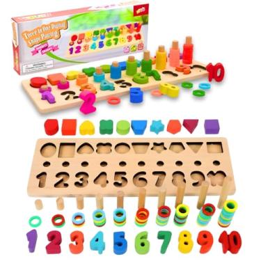Imagem de Tabuleiro de Números, Formas e Argolas Coloridas para Contagem, Encaixe e Aprendizado de Cores - Brinquedo Educativo de Madeira Infantil 3+