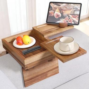 Imagem de Thoueyren Bandeja de braço de sofá de madeira maciça, apoio de braço de sofá removível e ajustável, com suporte de telefone giratório de 360° e organizador de caixa de armazenamento para controle