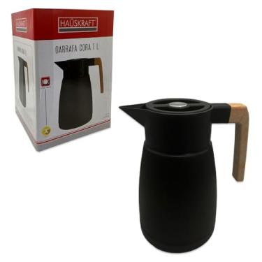 Imagem de Garrafa Térmica Cora para Café e Chá, Preta, 1 Litro, com Cabo em Madeira, Tampa com Rosca e Botão Gatilho, 23cm