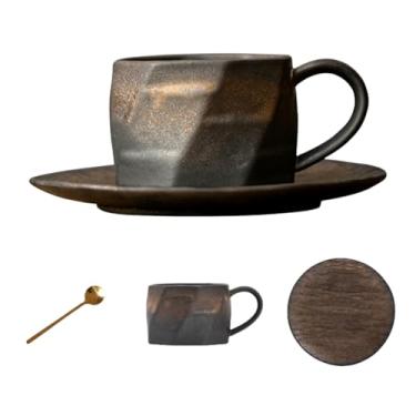 Imagem de Conjunto de canecas de café de cerâmica feitas à mão estilo japonês com pires de cerâmica e colher de agitação de aço inoxidável - Xícara de chá de cerâmica retrô de 218 ml para café expresso