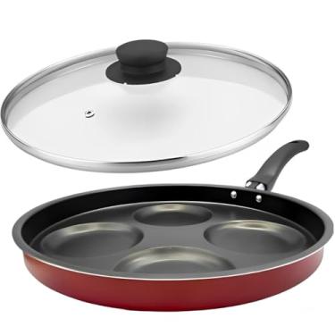 Imagem de Frigideira Antiaderente Multiuso Com Tampa De Vidro 4 Divisórias Ovos Panqueca Hamburguer Preta Ou Vermelha(Cereja)