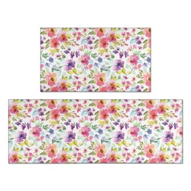 Imagem de QXWREL Tapetes de cozinha para chão, conjuntos de 2 peças, tapetes de cozinha de fazenda, antiderrapante, lavável, tapete absorvente de flores em aquarela e tapete de corredor para decoração de