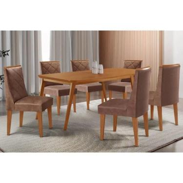 Imagem de Sala Jantar Mesa Havana Tampo Curvo 180cm+6 Cadeiras Pietá Madeira Naturale - Capuccino/Corano Capuccino - Rufato