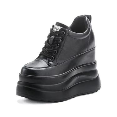 Imagem de JYSGYLT Tênis feminino plataforma preto e branco de 12,7 cm - 8 cm sola grossa 5 cm salto cunha oculto - sapatos plataforma grossa de couro para calçados femininos, Preto, 37