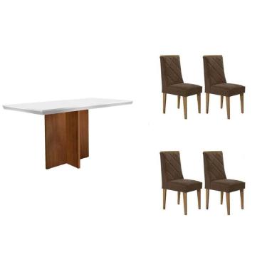 Imagem de Conjunto Sala de Jantar Berlim c/ Tampo Madeirado c/ Vidro Canto Curvo 120x80cm e 4 Cadeiras Pietá Madeira Maciça Naturale/Off White - Capuccino/Linho