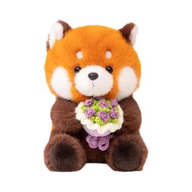 Imagem de Brinquedo De Pelúcia Panda Vermelho Raccoon, Fofo, Com Buquê De Flores