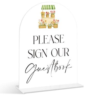 Imagem de Please Sign Our Guestbook Sign - Placas de chá de panela Fresh Off the Market, 1 pacote de placa acrílica de arco com suporte, centro de mesa de chá de panela para mesas, decoração de recepção de
