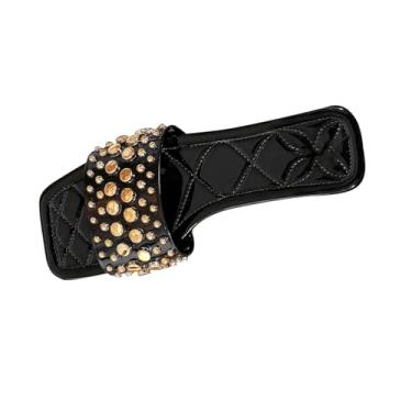 Imagem de Chinelos femininos rasos de bico quadrado para uso diário casual verão confortável design sem cadarço para ambientes internos e externos, Preto, 36