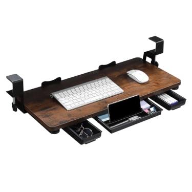 Imagem de Bandeja de teclado sob a mesa com gaveta, bandeja de teclado grande de 68 cm x 29 cm com suporte de fixação C, fácil de instalar, para escritório em casa (mogno)