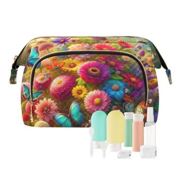 Imagem de TSENQUE Bolsa organizadora de maquiagem de mármore roxo de grande capacidade com conjunto de acessórios de 9 peças, bolsas de cosméticos femininas para bolsa, Flores coloridas com borboletas, one size