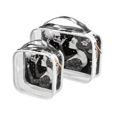 Imagem de GAIGEO Cupcake rosa dos namorados com corações cremosos, bolsa transparente, pacote com 2, acessórios de viagem cosméticos, Sereia preta e branca segurando uma caveira - 2, one size