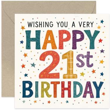 Imagem de Cartão de feliz aniversário de 21 anos, design colorido em negrito para homens ou mulheres - quadrado, em branco por dentro com envelope premium