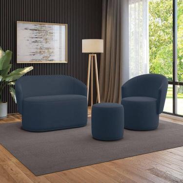 Imagem de Sofá Namoradeira Com Poltrona E Puff Orgânico Sala Malu Suede M11 - D`rossi Azul Marinho